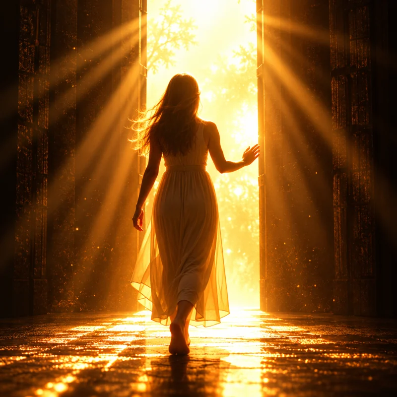 Mulher caminhando em direção a uma porta iluminada.